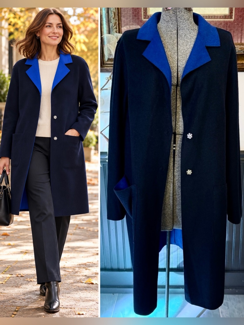 M&S Collection Navy & Cobalt Blue Wool-Blend Long Coat UK 16 / US 12 💛🍄